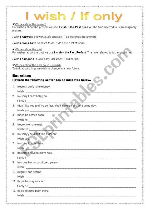 I Wish If Only Esl Worksheet By Camadia