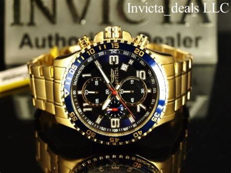 Invicta Mens 45mm Specialty Chronograph 18k Gold Plated Blue Dial Ss