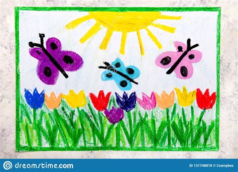 Drawing Spring Meadow With Beautiful Flowers And Butterflies Stock