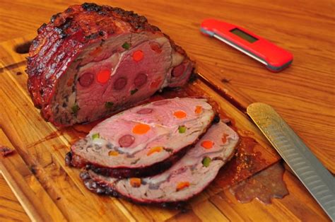 Rotisserie Boneless Beef Ribeye Roast Stuffed With Beef Sticks Cheese And Peppers Beef