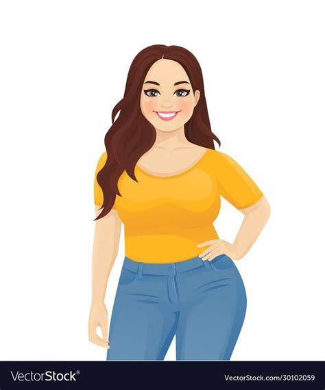 Young Happy Beautiful Plus Size Woman Wearing Jeans Isolated Vector