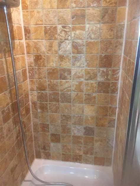 Grubby Tumbled Travertine Shower Cubicle Renovated In Manchester