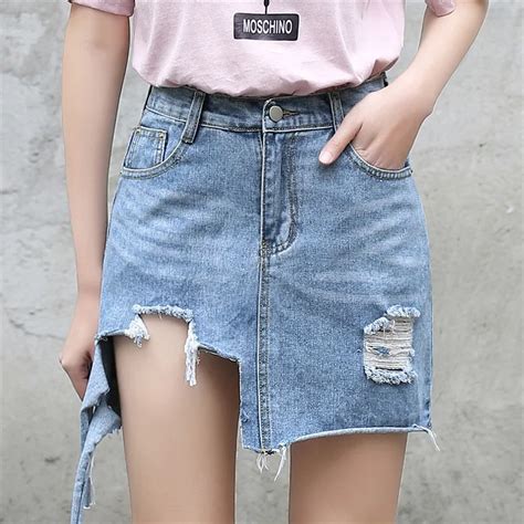 Yichaoyiliang Summer A Line Mini Asymmetrical Denim Skirts High Waist Package Hip Denim Skirt