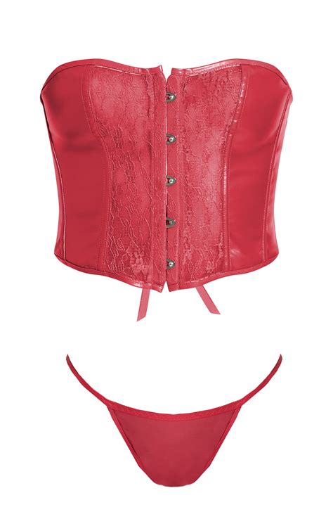 Red Faux Leather Lace Panel Corset Lingerie Set Prettylittlething Uae