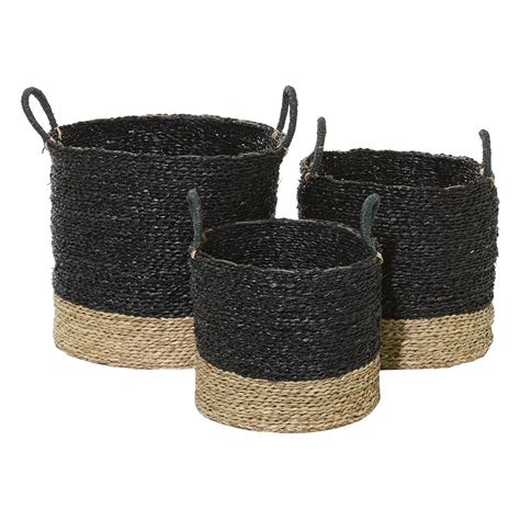 Decmode Black And Natural Woven Round Seagrass Baskets With Handles