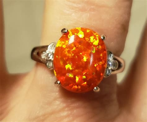 Orange Fire Opal Ring 10x12mm Lab Opal Wmulticolor Flash Etsy