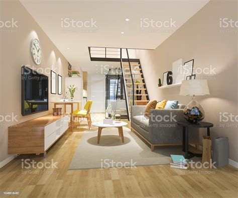 3d Rendering White Wood Living Room Near Stair Minimal Style Stock