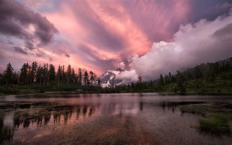 Purple Sky Mountains Clouds Forest Lake Sunset