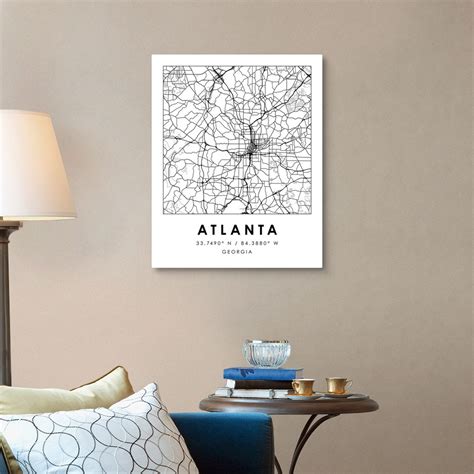 Black And White Minimal City Map Of Atlanta Wall Art Canvas Prints