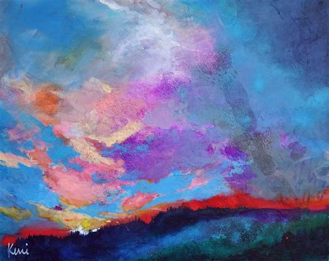 Large Colorful Abstract Landscape Painting With Colorful Sunset Clouds