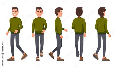 Vector Illustration Of Walking Men In Casual Clothes Under The White