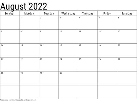 2022 August Calendars Handy Calendars
