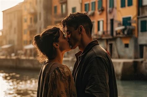 Premium Ai Image A Man And Woman Kissing In Front Of The Water