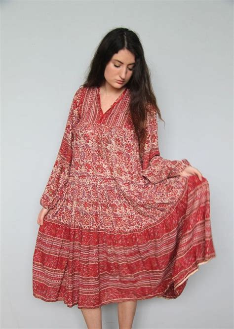 Indian Rose Vintage S Indian Gauze Dress Bohemian Gown Etsy Gauze Dress Bohemian Dress