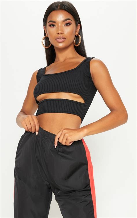 black ribbed cut out crop top prettylittlething qa