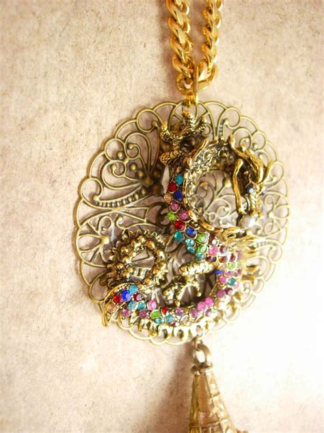 Chinese Rhinestone Dragon Necklace With Tassel Statement Necklace