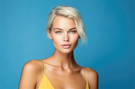 premium photo beautiful swedish woman portrait for skin care product wearing yellow dress on