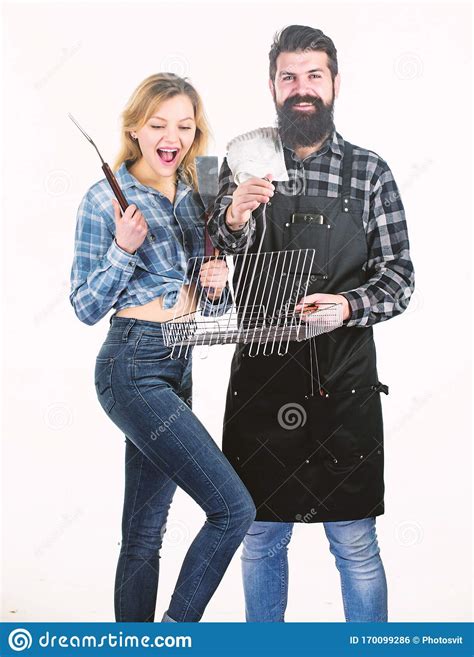 Joy Of Barbecue Style Of Cooking Pretty Woman And Bearded Man Holding Cooking Grate Happy