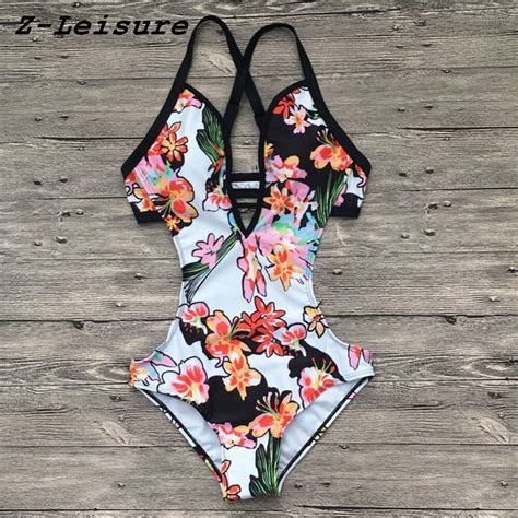 2018 Bandage Cut Out Beach Wear Bathing Suit Sexy One Piece Swimsuit Women Swimwear Print