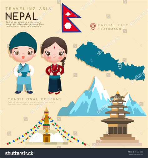 Vektor Stok Nepal Infographic Traditional Costume Tourist Attractions Tanpa Royalti 410204335
