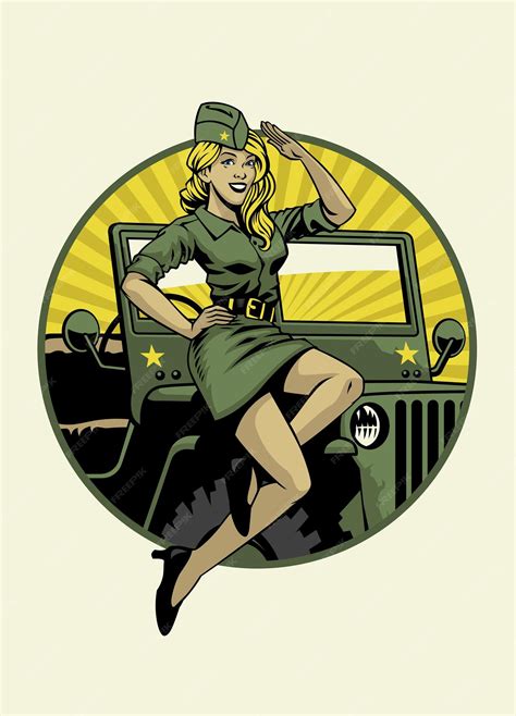 Vintage Military Pin Up Girl Posando En El Capó Del Coche Vector Premium