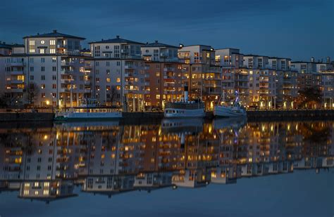 4k Stockholm Sweden Houses Rivers Evening Marinas Riverboat