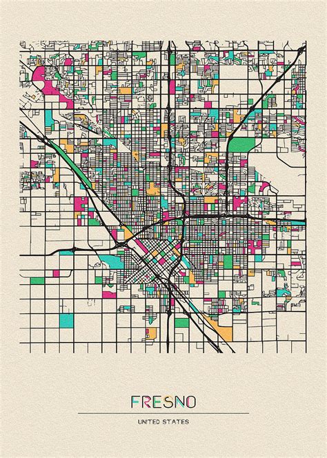 Fresno California City Map Drawing By Inspirowl Design