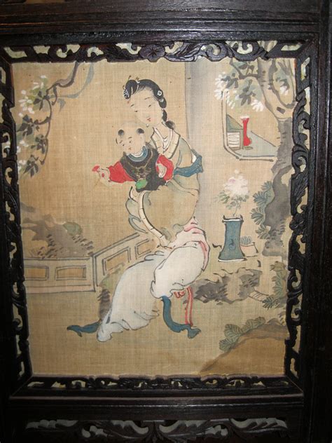 Three Antique Chinese Paintings On Silk Each Framed In A Carved Frame