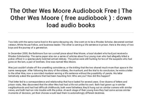 The Other Wes Moore Audiobook Free The Other Wes Moore Free