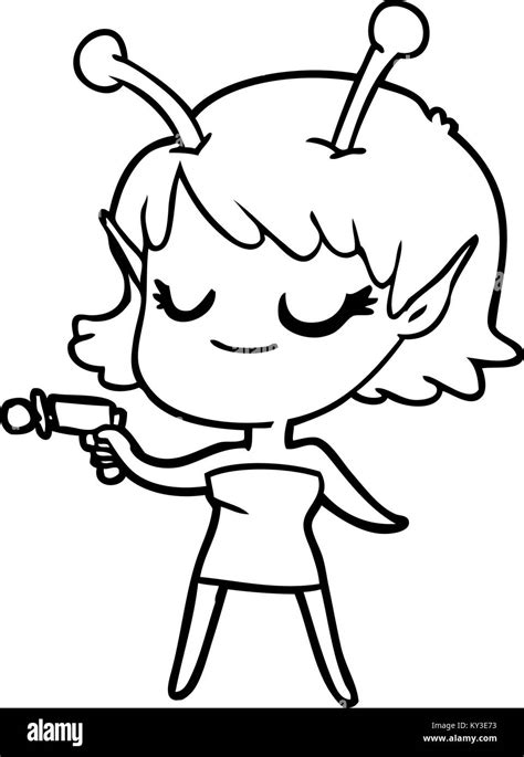 Smiling Alien Girl Cartoon Pointing Ray Gun Stock Vector Image And Art