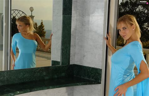 Marketa Pechova Dress Mirror Blue Women Wallpapers X