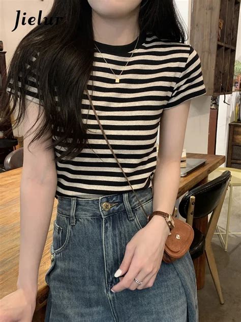 Jielur Summer Korean Slim Side Striped Women S T Shirt Casual Loose