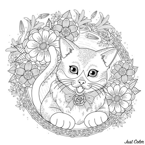 Chat Entouré De Fleurs Chats Coloriages Difficiles Pour Adultes