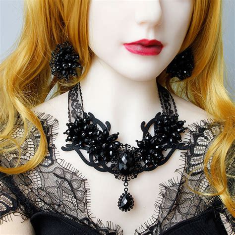 Victorian Gothic Black Gem Pendant Choker See Through Lace Party