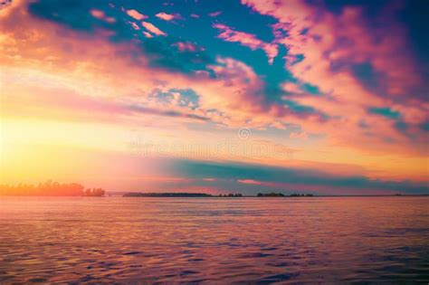 Beautiful Colorful Sunset Over River Editorial Stock Image