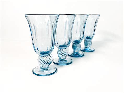 Set Of 4 Vintage Water Goblets Glasses Captiva Blue By Fostoria