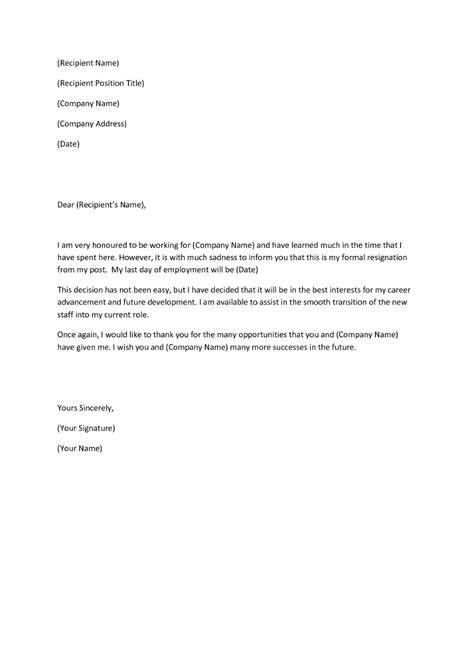 Standard Resignation Letter Examples Pdf Word It Company Notice
