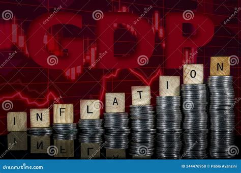 Inflation Concept And Effect In Gdp Coin Piles Sign Red Chart Gdp Text