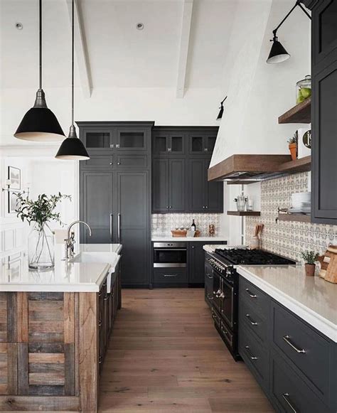 Matte Black Cabinets With Wood Accents In 2020 Cottage Style Kitchen