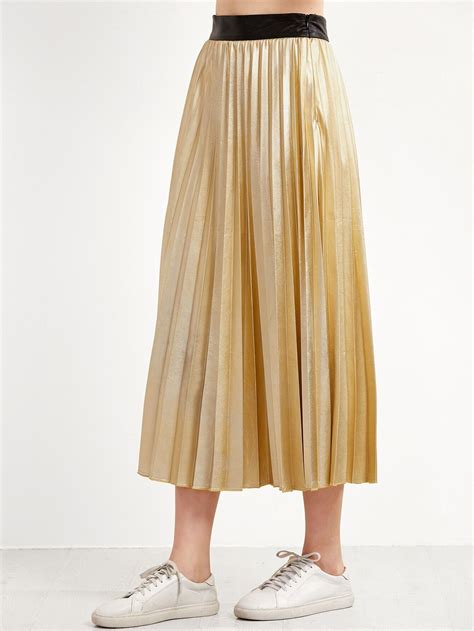Metallic Golden Contrast Waist Pleated Skirt Sheinsheinside