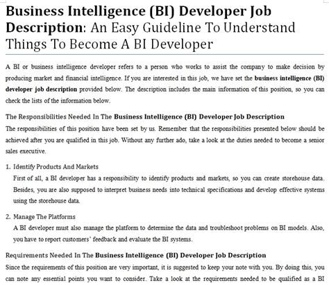 Business Intelligence Bi Developer Job Description An Easy Guideline