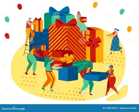 Happy People Carrying Huge T Boxes Pile Of Present Packages Vector