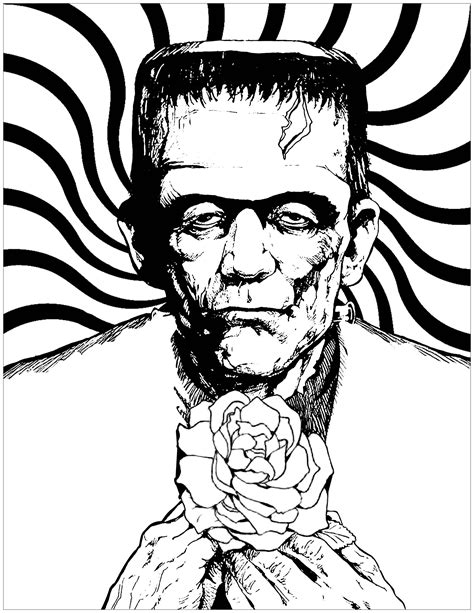Free online printable halloween coloring pages for kids of all ages. Frankenstein and rose - Halloween Adult Coloring Pages