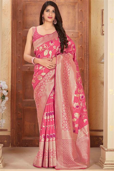 Buy Peachish Pink Banarasi Silk Saree With Zari Gold Border Online Like A Diva