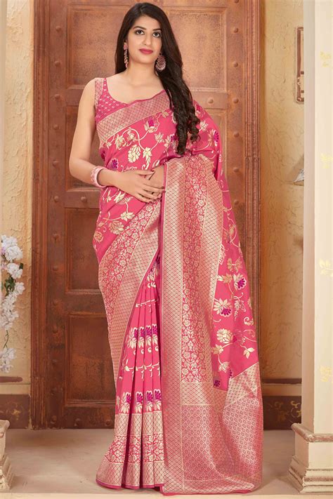 buy peachish pink banarasi silk saree with zari gold border online like a diva