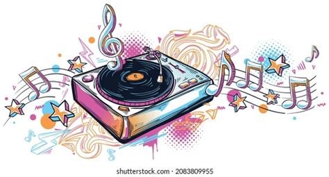 Turntable Graffiti Arrows Musical Notes Colorful Stock Vector Royalty