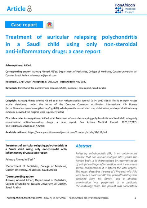 Pdf Treatment Of Auricular Relapsing Polychondritis In A Saudi Child