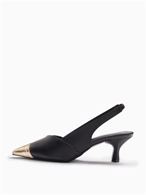 Black & Gold Pointed Toe Kitten Heels