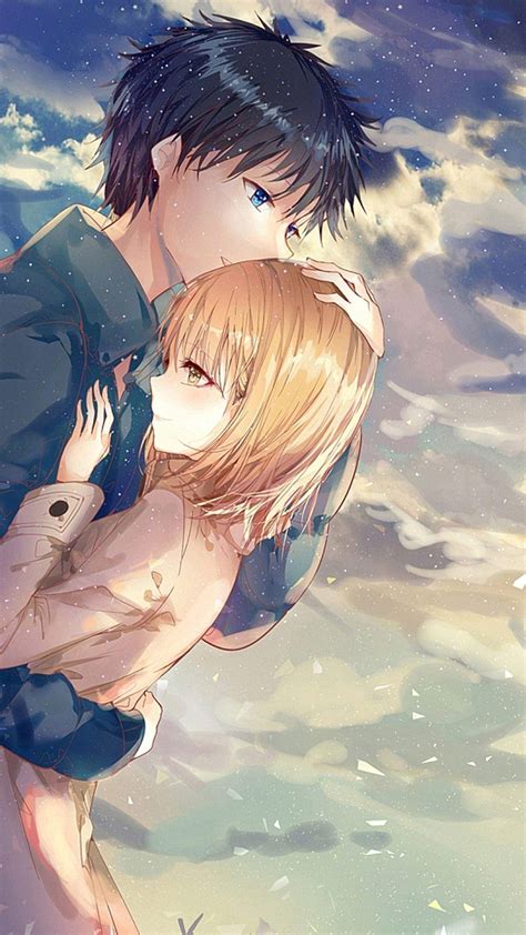 Download Romantic Anime Couple Hugging Under Sky Wallpaper