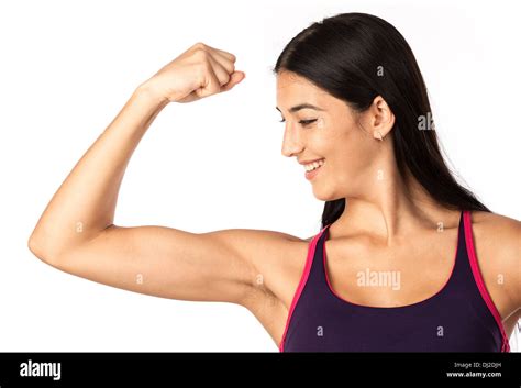 Cute Fitness Girl Flexing Bicep Over White Stock Photo Alamy